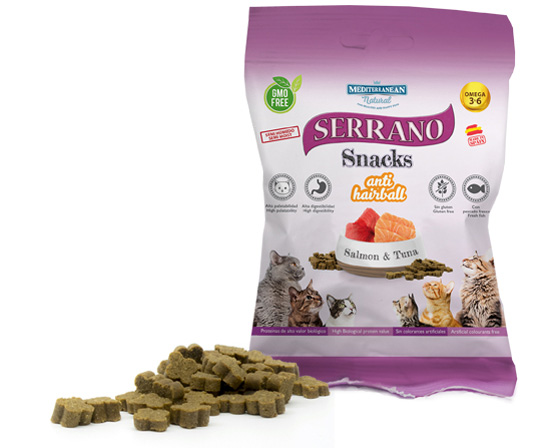 Serrano Snacks para gatos Mediterranean Natural antihairball con salmón y atún
