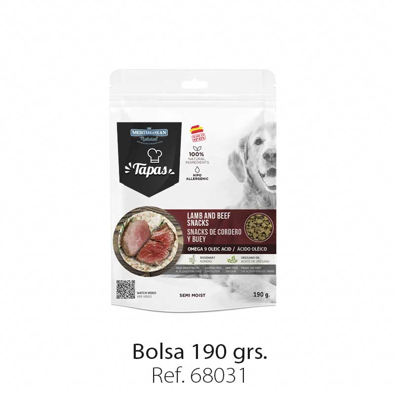 Bolsa snacks Tapas Mediterranean Natural para perros buey y cordero