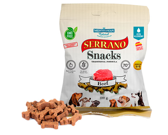Serrano Snacks para perros, bolsa de buey, Mediterranean Natural