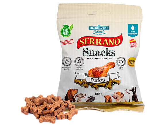 Serrano Snacks para perros, bolsa de pavo, Mediterranean Natural