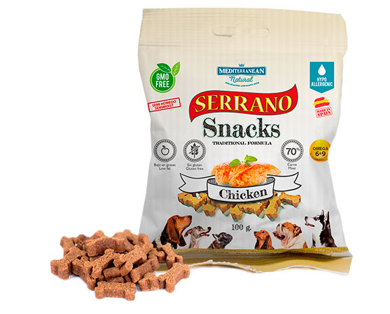 Serrano Snacks para perros, bolsa de pollo, Mediterranean Natural