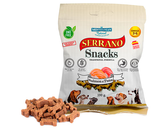 Serrano Snacks para perros, bolsa de salmón y atún, Mediterranean Natural