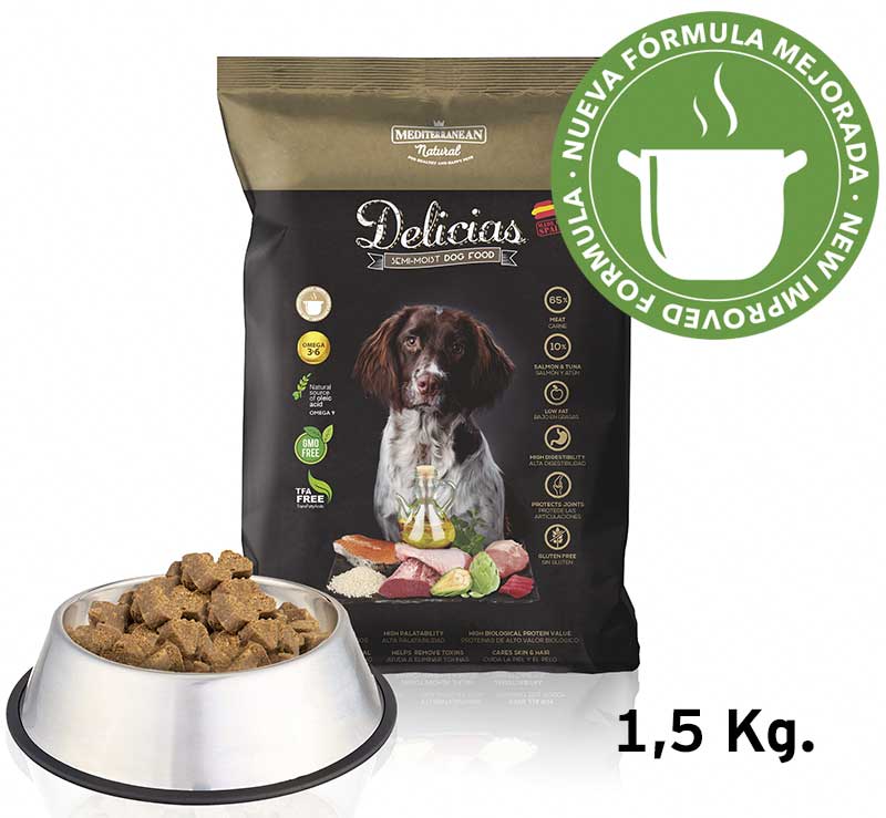 Delicias: alimento para perros, fórmula mejorada, 1,5 kg. Mediterranean Natural.