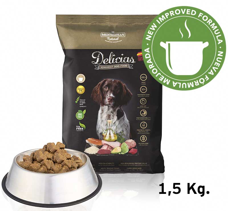 New Delicias 1,5 kg dog food improved formula. Mediterranean Natural