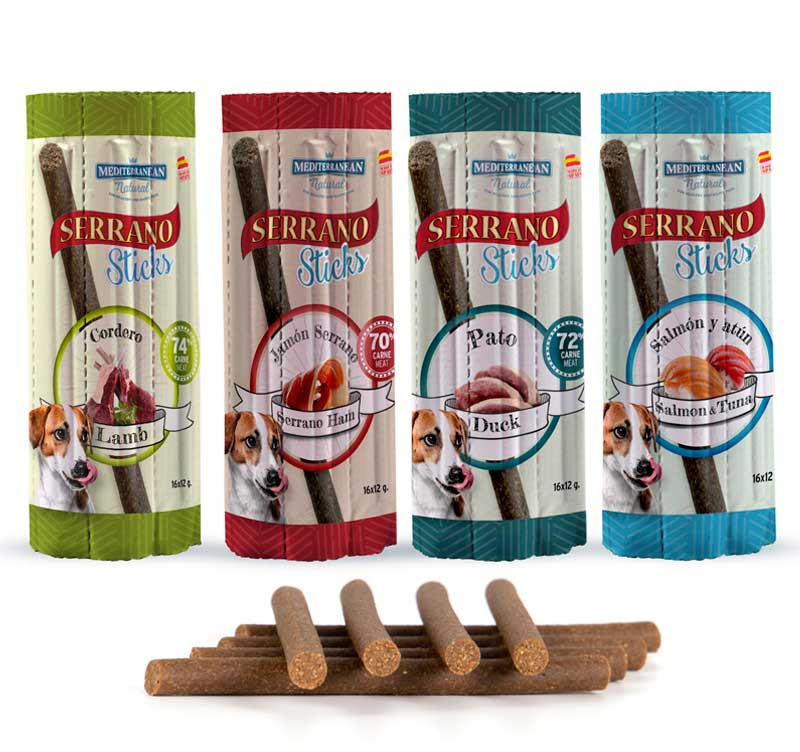 Barritas individuales sabores Serrano Sticks para perros de carne y pescado