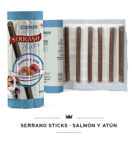 Serrano Sticks snacks para perros individuales de pescado salmón y atún