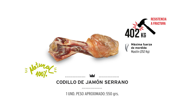Codillo de jamón serrano para perros Mediterranean Natural. Ham bone for dogs. Sin gluten. Gluten free. Hecho en España. Made in Spain.