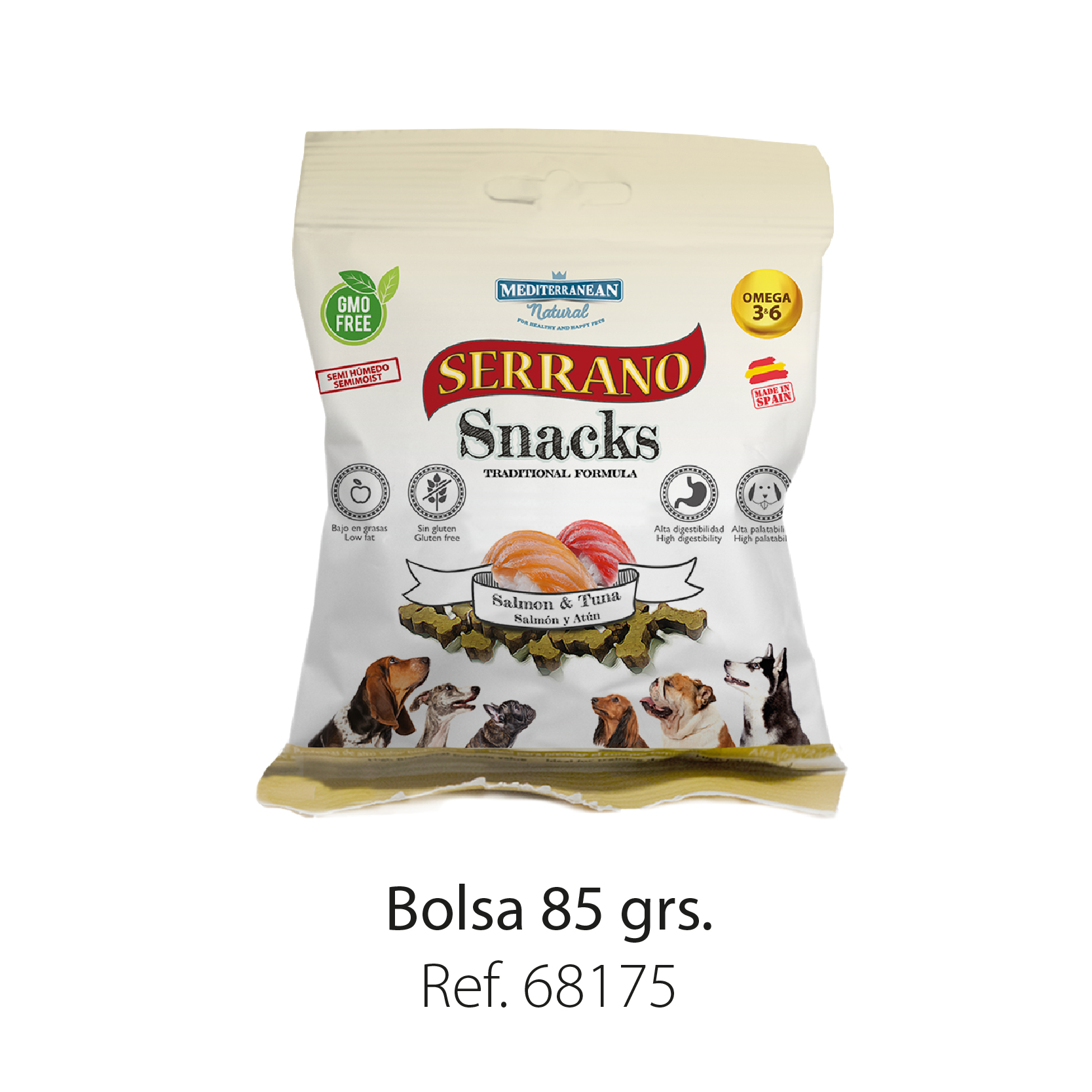 Serrano snacks para perros salmón y atún Mediterranean Natural