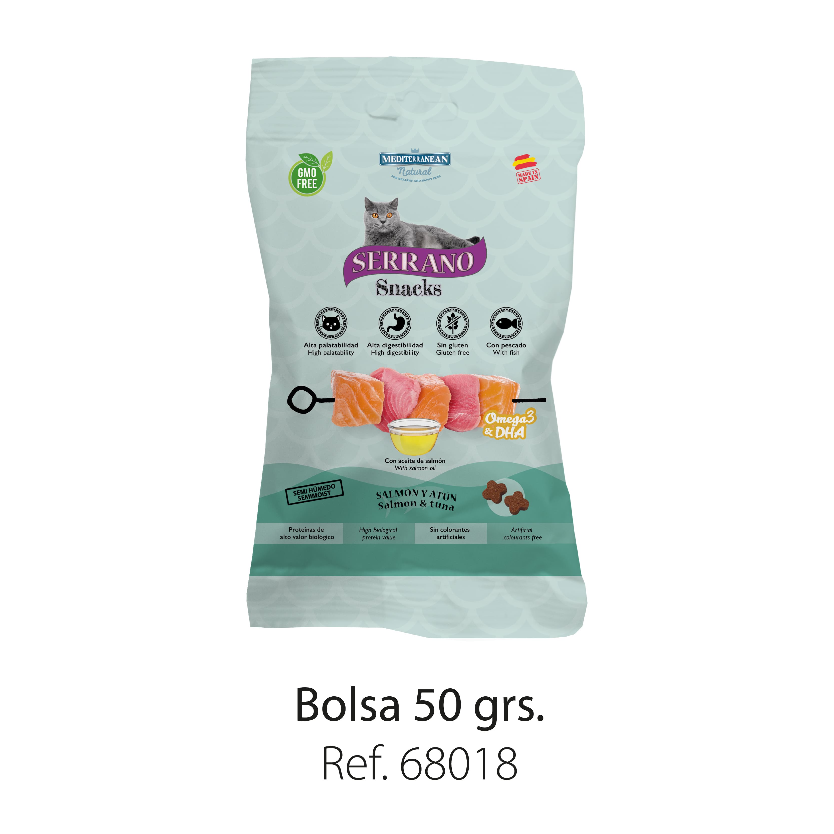 Formato Serrano Snacks para gatos slmón y atún omega 3